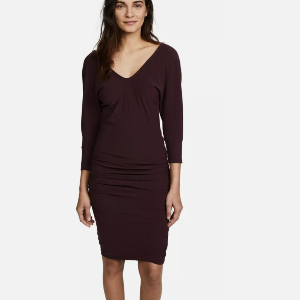 JAMES PERSE V-Neck Long Sleeve Dk Burgundy Ruched Stretch Cotton Midi Dress 4
